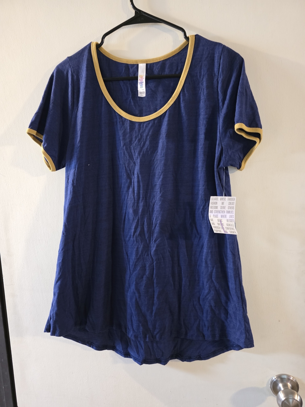 LuLaRoe Navy Short Sleeve Tee with Mustard Trim
